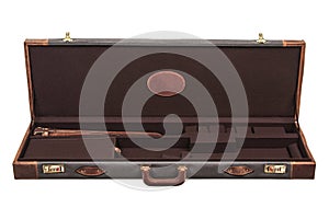 Luxury brown leather case with gold-plated combination locks for arms isolated on white