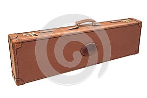 Luxury brown leather case with gold-plated combination locks for arms isolated on white