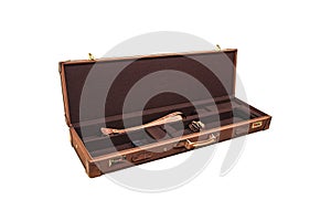 Luxury brown leather case with gold-plated combination locks for arms isolated on white