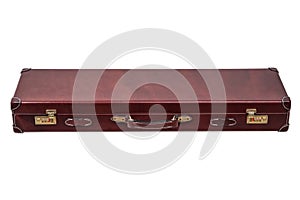 Luxury brown leather case with gold-plated combination locks for arms isolated on white