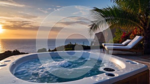Luxury bubble bathtub under palm tree with ocean view at sunset, spa and wellness concept