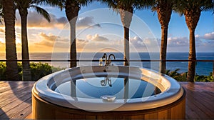 Luxury bubble bathtub under palm tree with ocean view at sunset, spa and wellness concept