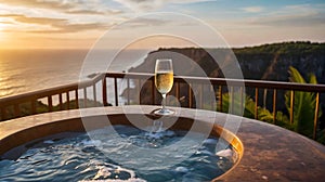 Luxury bubble bathtub and wine in glasses under palm tree with ocean view at sunset, spa and wellness concept