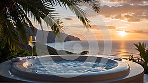 Luxury bubble bathtub and wine in glasses under palm tree with ocean view at sunset, spa and wellness concept