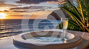 Luxury bubble bathtub and wine in glasses under palm tree with ocean view at sunset, spa and wellness concept