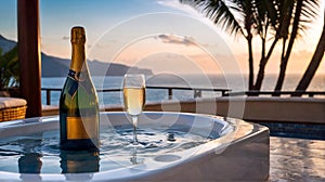 Luxury bubble bathtub and wine in glasses under palm tree with ocean view at sunset, spa and wellness concept