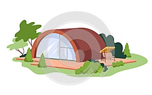 Luxury bubble house for ecotourism, glamping in summer forest cabin of round shape