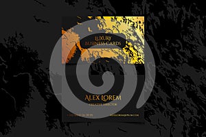 Luxury business card with marble texture and gold detail vector template, banner or invitation with golden foil on black