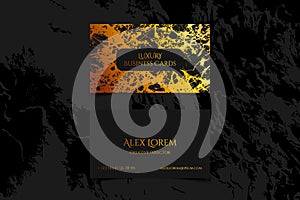 Luxury business card with marble texture and gold detail vector template, banner or invitation with golden foil on black