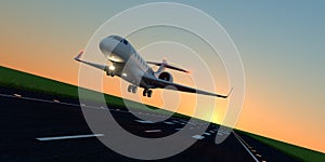 Luxury business jet during landing or takeoff on runway. Extremely detailed and realistic high resolution 3d illustration