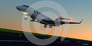 Luxury business jet during landing or takeoff on runway. Extremely detailed and realistic high resolution 3d illustration