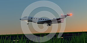 Luxury business jet during landing or takeoff on runway. Extremely detailed and realistic high resolution 3d illustration