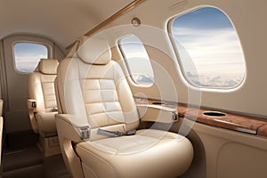 Luxury business jet plane airplane private jet empty interior during flight fast bright luxurious seat leather chair