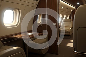 Luxury business jet plane airplane private jet empty interior during flight fast bright luxurious seat leather chair