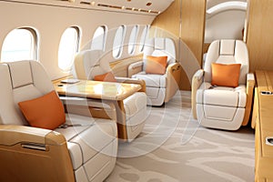 Luxury business jet plane airplane private jet empty interior during flight fast bright luxurious seat leather chair