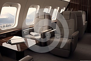 Luxury business jet plane airplane private jet empty interior during flight fast bright luxurious seat leather chair