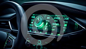 Luxury car dashboard illuminated with blue lighting generative AI