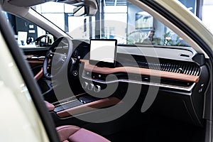 Luxury car interior with dashboard copy space for advertising and digital display in modern vehicle