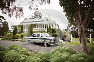 luxury car parked in front of grand country estate, with flowering gardens and rolling hills in the background