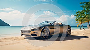 luxury car parked on a secluded beach, AI Generative