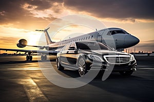 Luxury car and private jet on the runway. Business class service at the airport. Generative AI