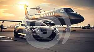 Luxury car and private jet on the runway. Business class service at the airport. Generative AI