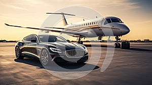 Luxury car and private jet on the runway. Business class service at the airport. Generative AI