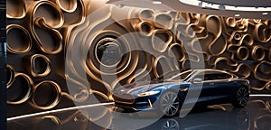 A luxury car showroom with a 3D metallic gear wall pattern,