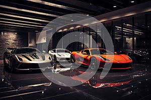 Luxury car showroom filled with sleek sports cars and extravagant vehicles. Generative AI
