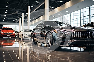 Luxury car showroom, with rows of gleaming sports cars. Generative AI