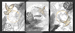 Luxury cards collection with marble texture,birds and tropical leaves .Vector trendy background. Modern set of abstract card, temp