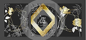 Luxury cards collection with marble texture ,hand-drawn flowers and gold geometric shape.Vector trendy background