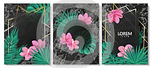 Luxury cards collection with marble texture,tropical leaves,flowers and geometric shape.Vector trendy background. Modern set of ab