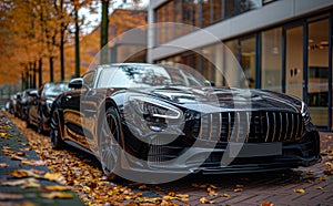 Luxury cars parked on the street in autumn