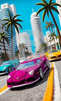 luxury cars racing through the streets of a southern resort town, backgrounds for smartphones, vintage illustration,