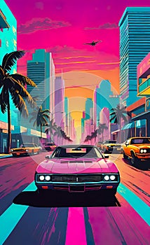 luxury cars racing through the streets of a southern resort town, backgrounds for smartphones, vintage illustration,