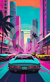 luxury cars racing through the streets of a southern resort town, backgrounds for smartphones, vintage illustration,