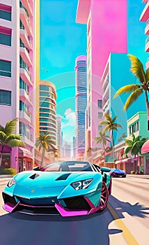 luxury cars racing through the streets of a southern resort town, backgrounds for smartphones, vintage illustration,