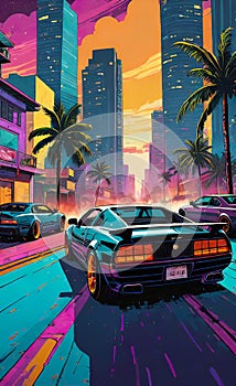 luxury cars racing through the streets of a southern resort town, backgrounds for smartphones, vintage illustration,
