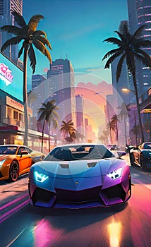 luxury cars racing through the streets of a southern resort town, backgrounds for smartphones, vintage illustration,