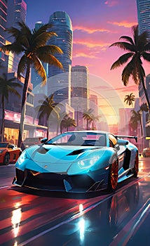 luxury cars racing through the streets of a southern resort town, backgrounds for smartphones, vintage illustration,