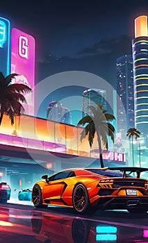 luxury cars racing through the streets of a southern resort town, backgrounds for smartphones, vintage illustration,