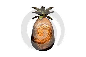 Luxury carved wooden box, pineapple shape, isolated on white. Hand-made antique collectibles