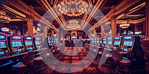 Luxury casino interior with lots of slot machines. Generative AI