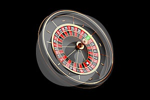 Luxury Casino roulette wheel on black background. Casino theme icon. Close-up wooden Casino roulette with a ball. Poker