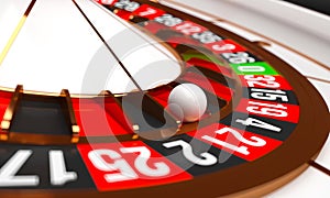 Luxury Casino roulette wheel. Casino background theme. Close-up white casino roulette with a ball on 21. Poker game