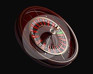 Luxury Casino roulette wheel isolated on black background. Wooden Casino roulette 3d rendering illustration.