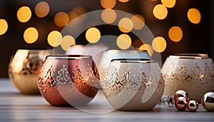 Luxury celebration glowing candlelight, wine, and golden Christmas decoration generated by AI