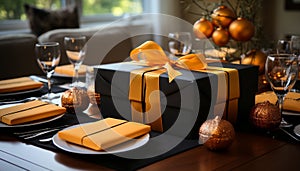 Luxury celebration wine, champagne, chocolate, elegant decorations, festive table generated by AI