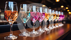 Luxury celebration, wine glass collection, illuminated bar, elegant party generated by AI